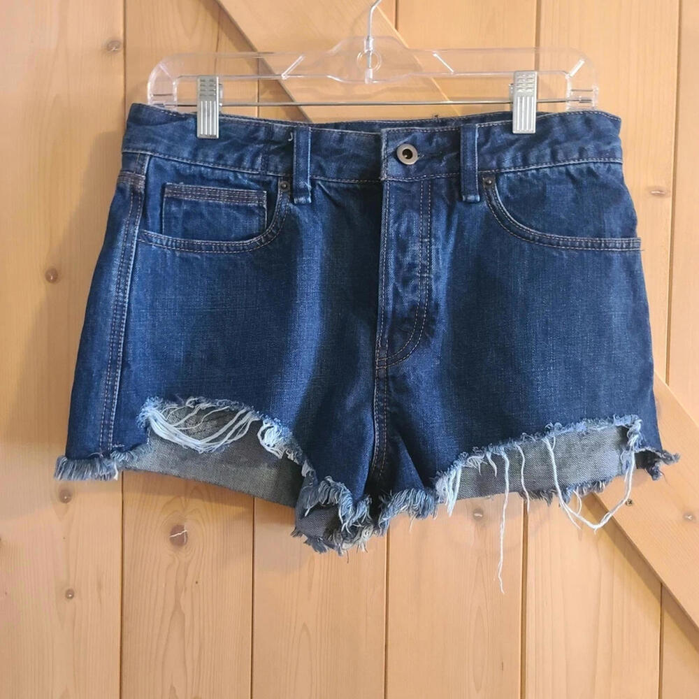Free People Womens Size 29 Blue Denim Cut Off Shorts Button Fly Raw Hem